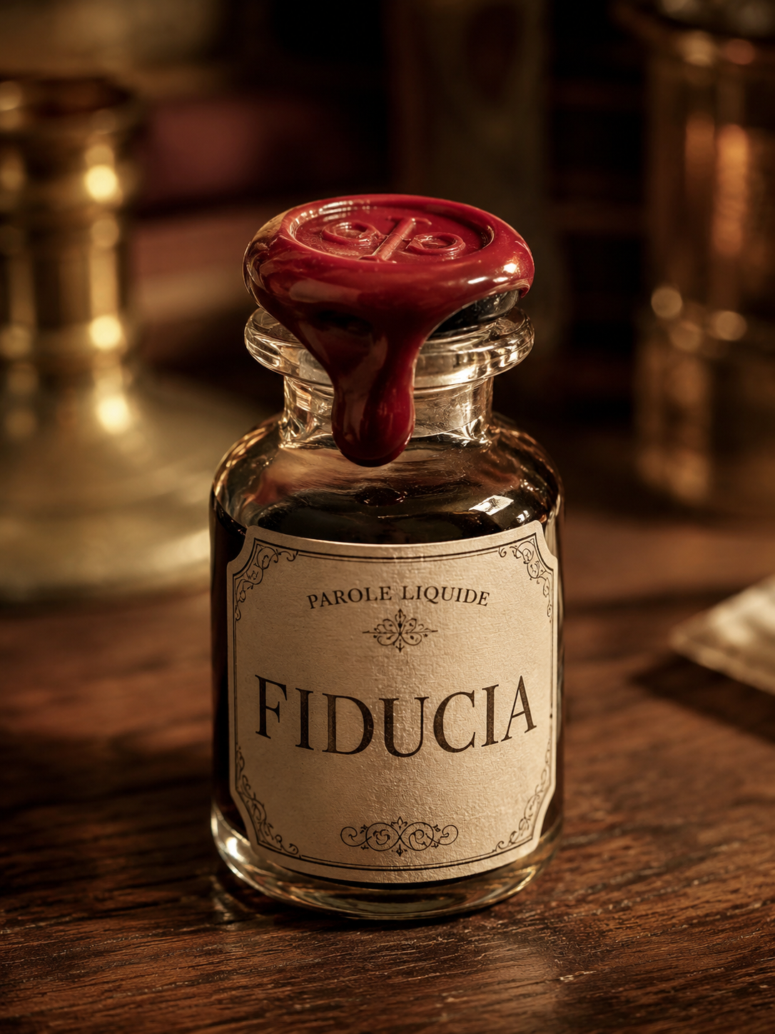 Boccetta Parole Liquide sigillata con ceralacca ed etichetta FIDUCIA